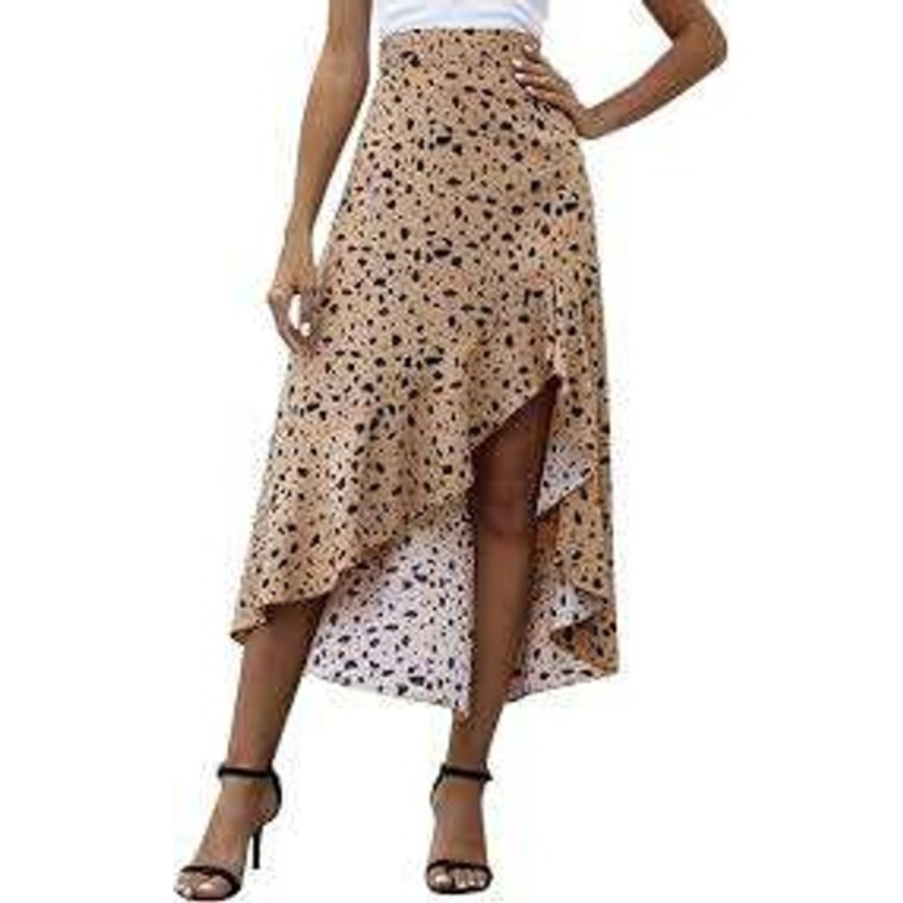 SHEIN Skirt Womens Large Breezaya Ruffle Hem Asymmetrical Print Tan Black